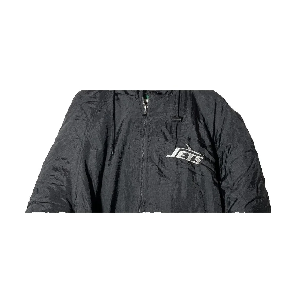 Vintage 90s New York Jets NFL Game Day Puffer Jacket XL Black Green Hooded Coat